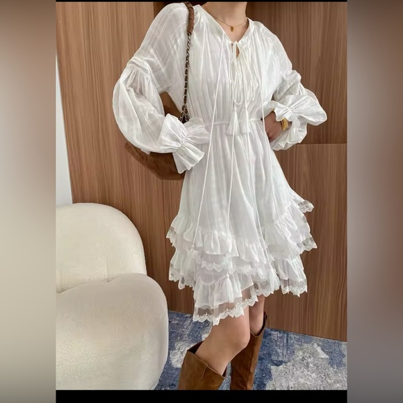 NWT Bohemian white Victorian Layered midi Dress Flared Lace Skirt size M - Picture 3 of 12